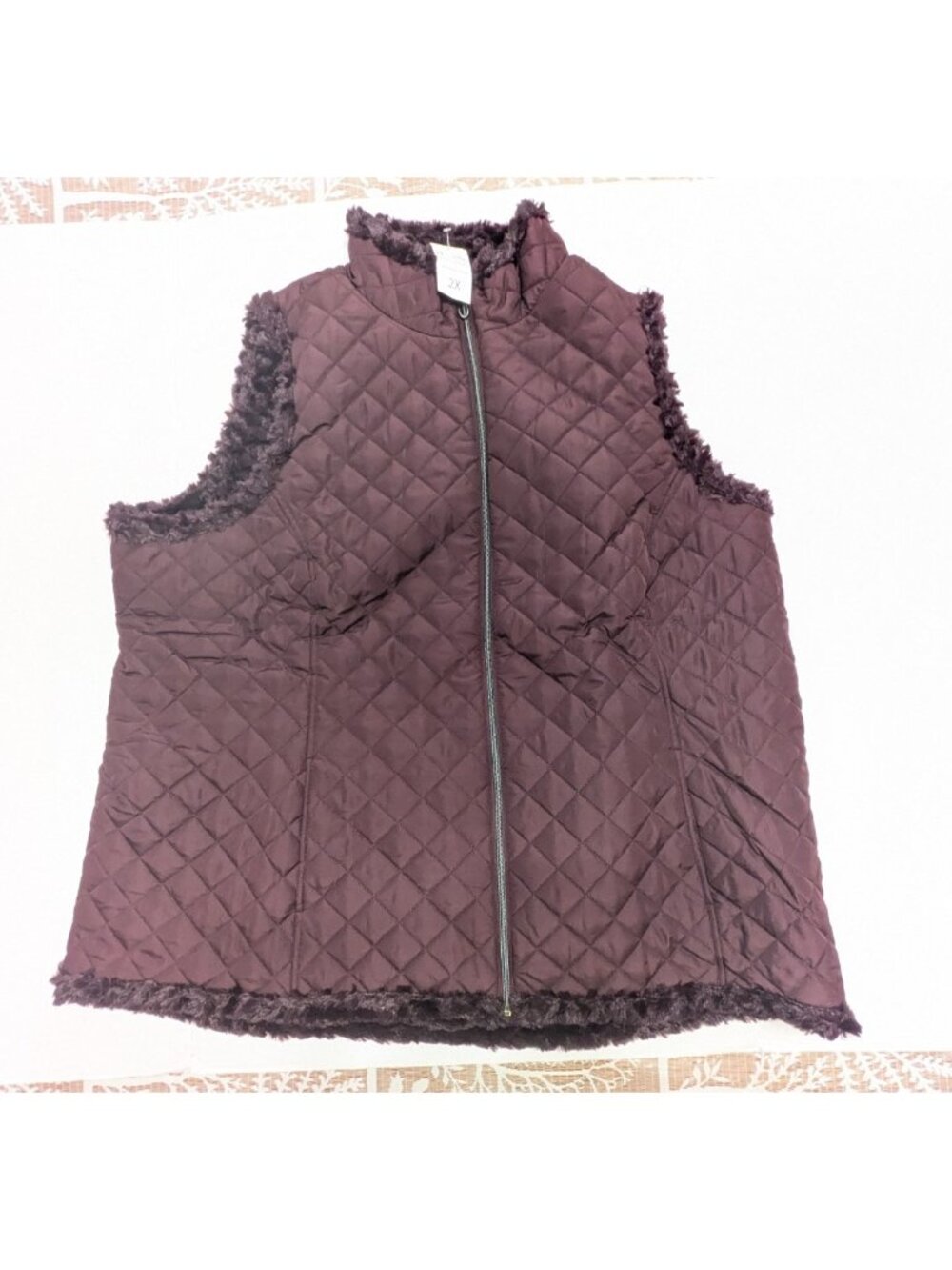 Denim & Co Reversible Quilted Vest Womens Sz 2X Burgundy Faux Fur Zip